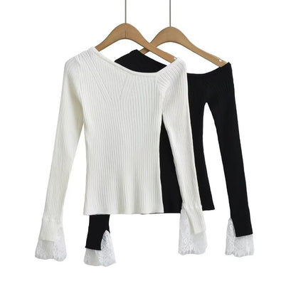 Cold-Shoulder Lace Cuff Ribbed Knit Top