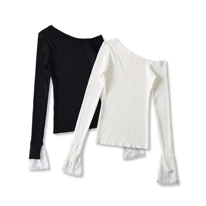 Cold-Shoulder Lace Cuff Ribbed Knit Top