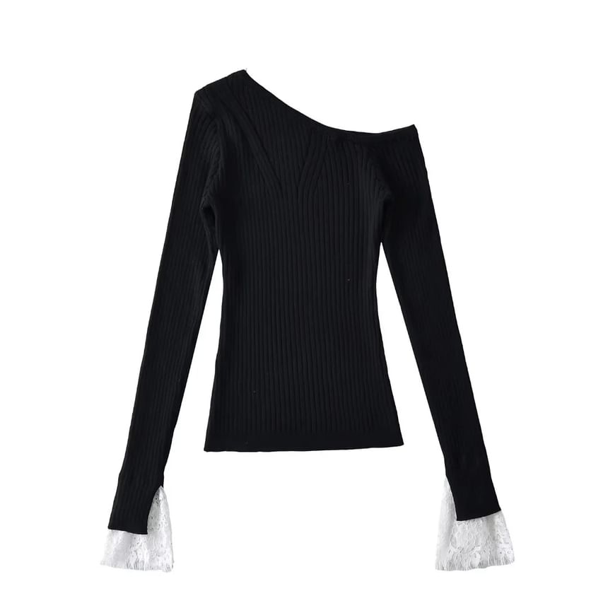 Cold-Shoulder Lace Cuff Ribbed Knit Top
