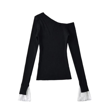 Cold-Shoulder Lace Cuff Ribbed Knit Top