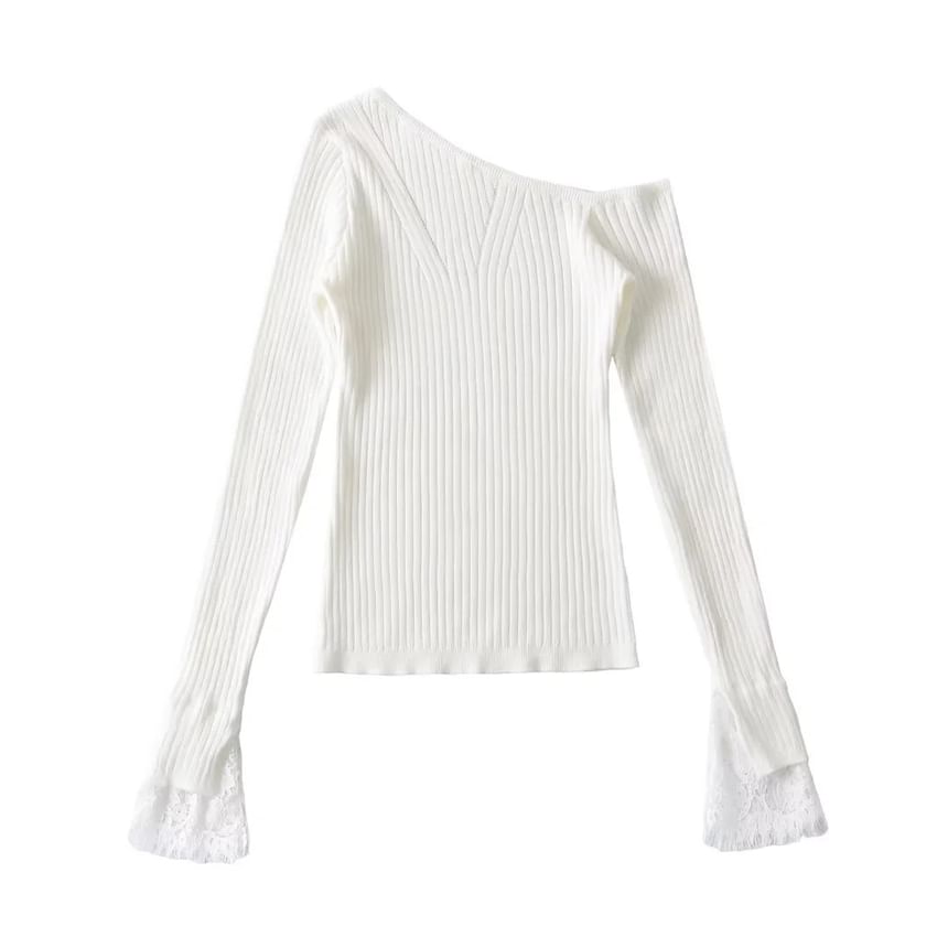 Cold-Shoulder Lace Cuff Ribbed Knit Top