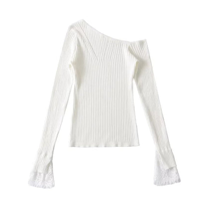 Cold-Shoulder Lace Cuff Ribbed Knit Top