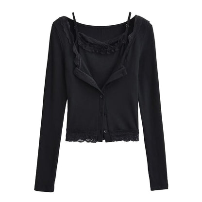 Lace Trim Cami and Button Cardigan Set