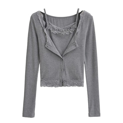 Lace Trim Cami and Button Cardigan Set