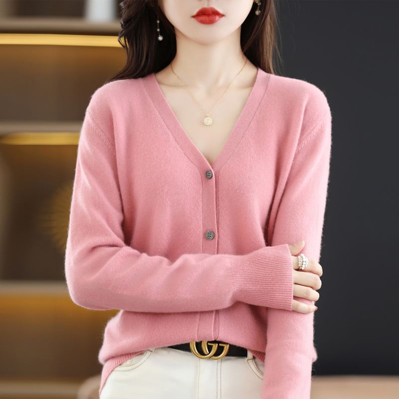 V-Neck Button-Front Plain Cardigan