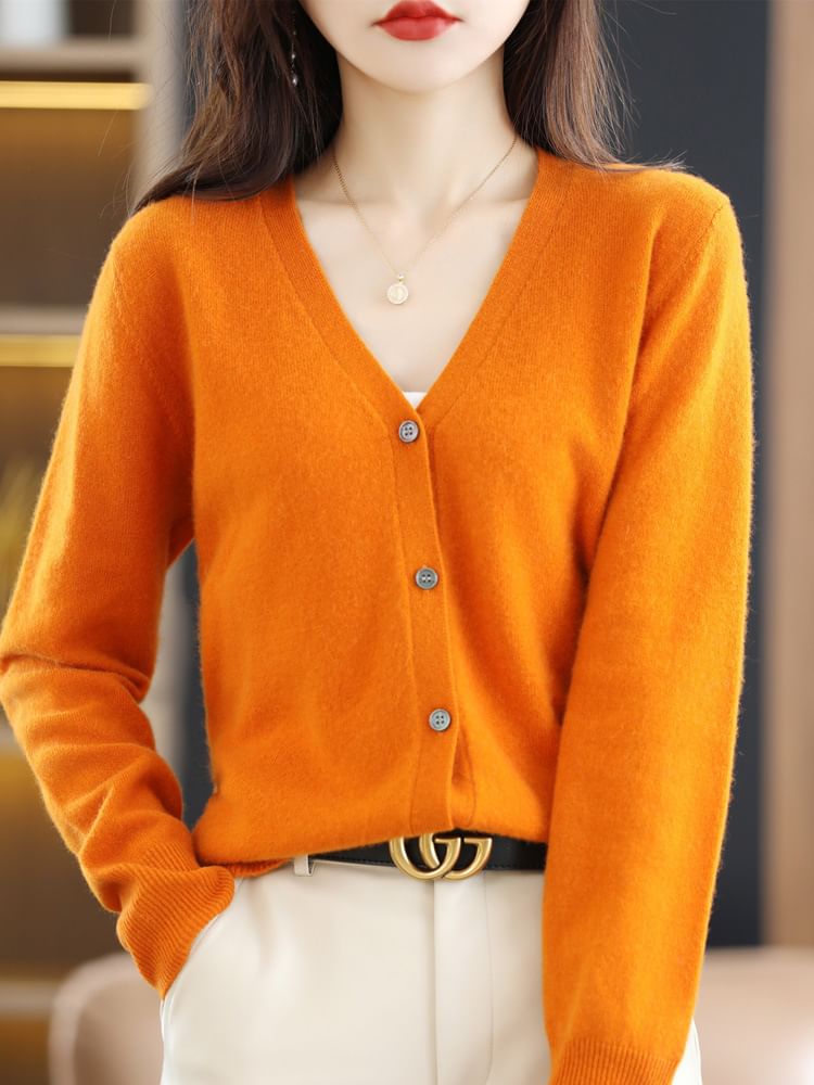 V-Neck Button-Front Plain Cardigan