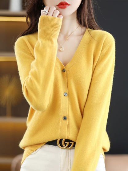 V-Neck Button-Front Plain Cardigan