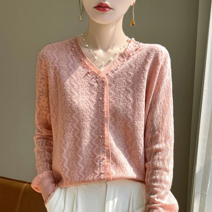 Beaded V-Neck Plain Cardigan