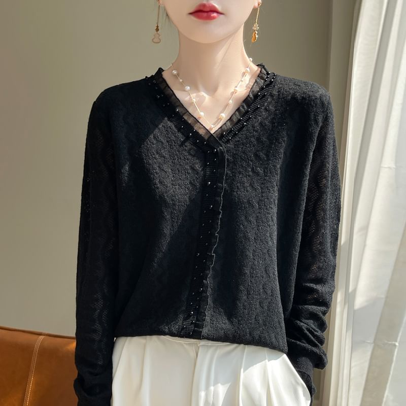 Beaded V-Neck Plain Cardigan