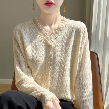 Beaded V-Neck Plain Cardigan