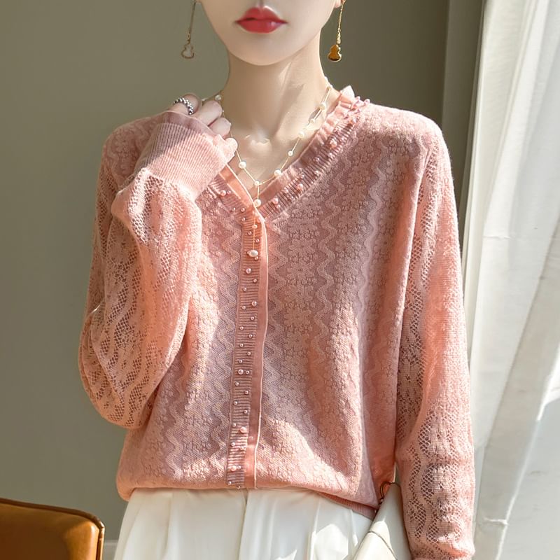 Beaded V-Neck Plain Cardigan