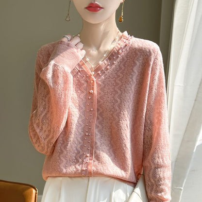 Beaded V-Neck Plain Cardigan
