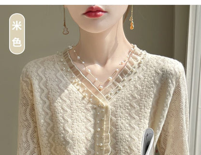 Beaded V-Neck Plain Cardigan