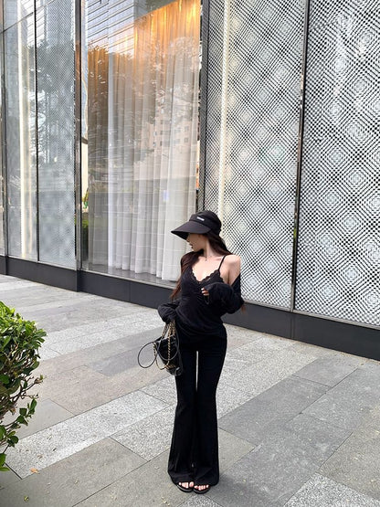 Scoop Neck Loose Tee, Lace Camisole, and Flared Pants Combo