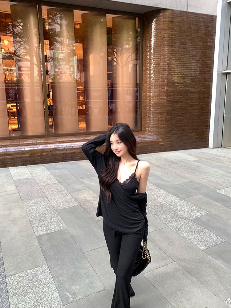 Scoop Neck Loose Tee, Lace Camisole, and Flared Pants Combo