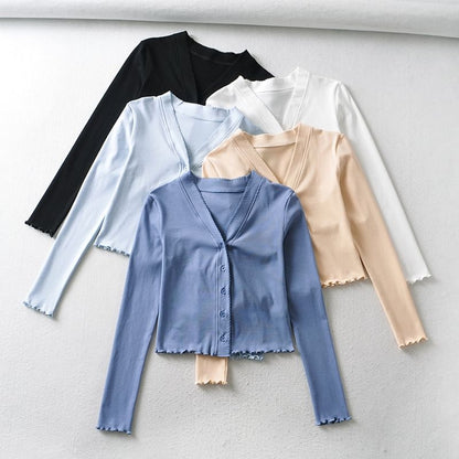 Ruffle Trim Crop V-Neck Cardigan