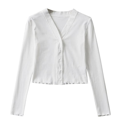 Ruffle Trim Crop V-Neck Cardigan
