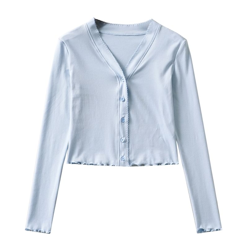 Ruffle Trim Crop V-Neck Cardigan