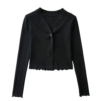 Ruffle Trim Crop V-Neck Cardigan