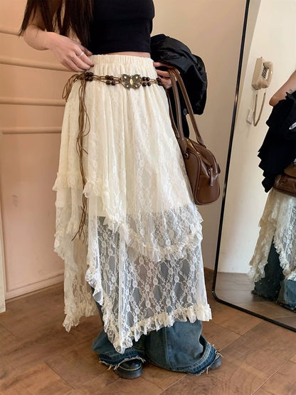Asymmetric Lace Midi Skirt with String Belt