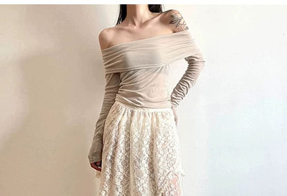 Asymmetric Lace Midi Skirt with String Belt