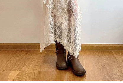 Asymmetric Lace Midi Skirt with String Belt