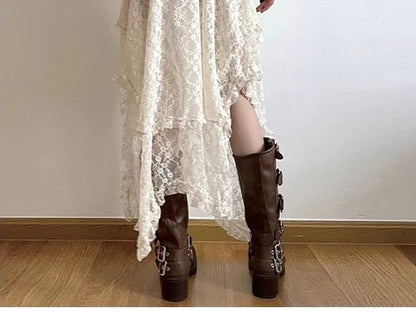 Asymmetric Lace Midi Skirt with String Belt
