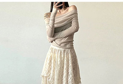 Asymmetric Lace Midi Skirt with String Belt