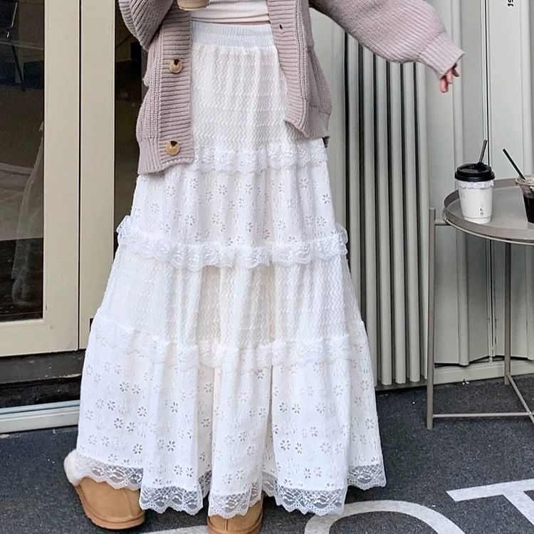 Tiered Lace Maxi Skirt with Elastic Waist