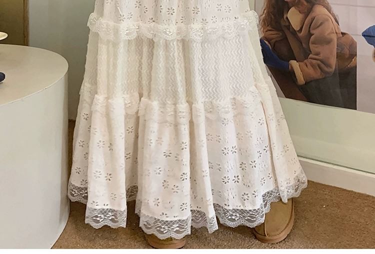 Tiered Lace Maxi Skirt with Elastic Waist