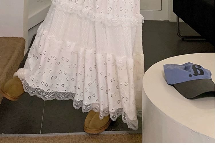 Tiered Lace Maxi Skirt with Elastic Waist
