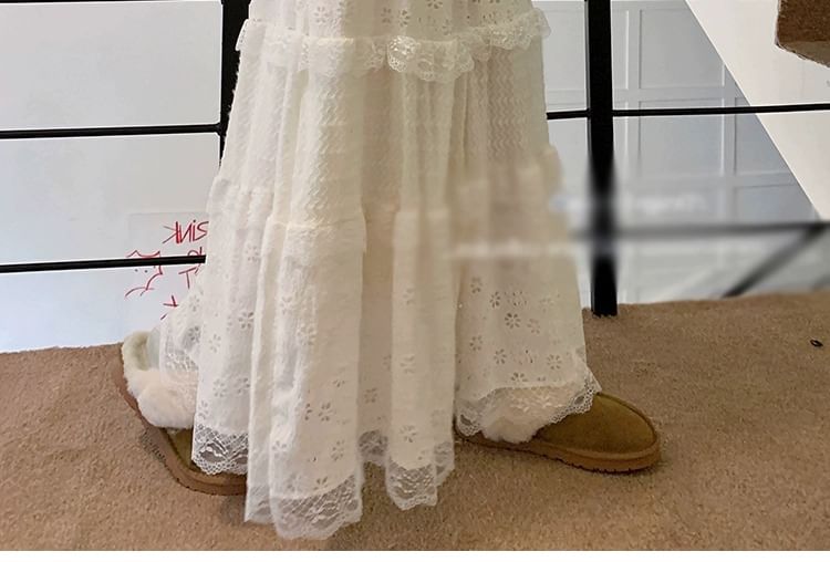 Tiered Lace Maxi Skirt with Elastic Waist