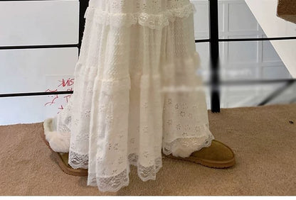 Tiered Lace Maxi Skirt with Elastic Waist