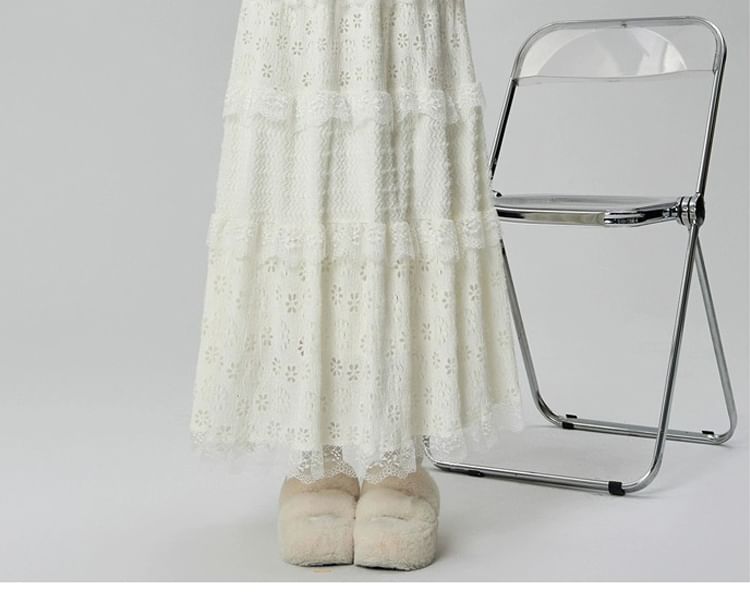 Elastic Waistband Layered Lace Midi A-Line Skirt