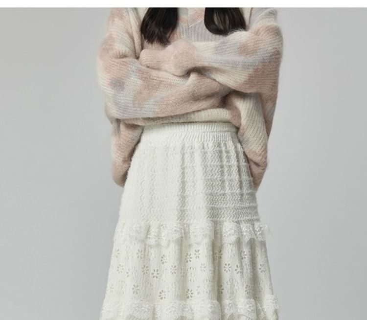 Elastic Waistband Layered Lace Midi A-Line Skirt