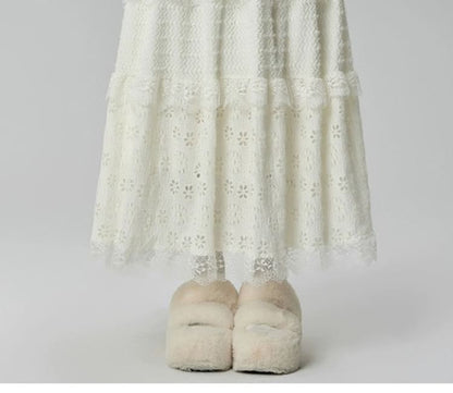 Elastic Waistband Layered Lace Midi A-Line Skirt
