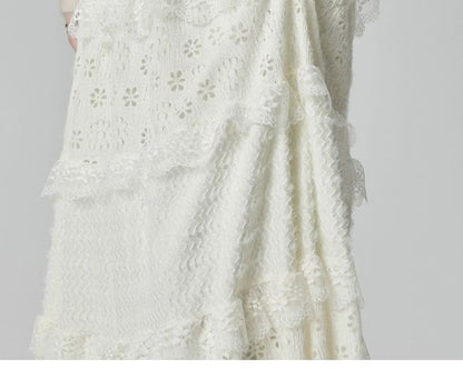 Elastic Waistband Layered Lace Midi A-Line Skirt