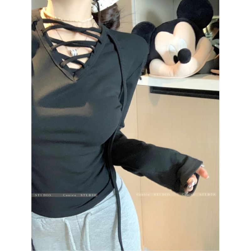 V-Neck Lace-Up Crop Top with Sleeves
