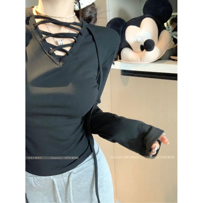 V-Neck Lace-Up Crop Top with Sleeves