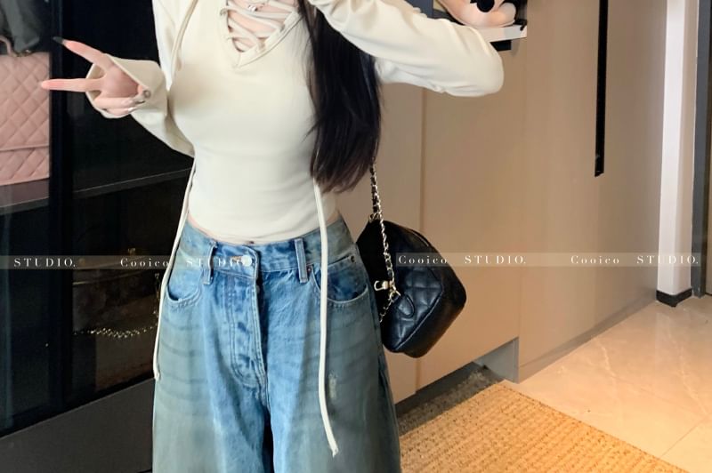 V-Neck Lace-Up Crop Top with Sleeves
