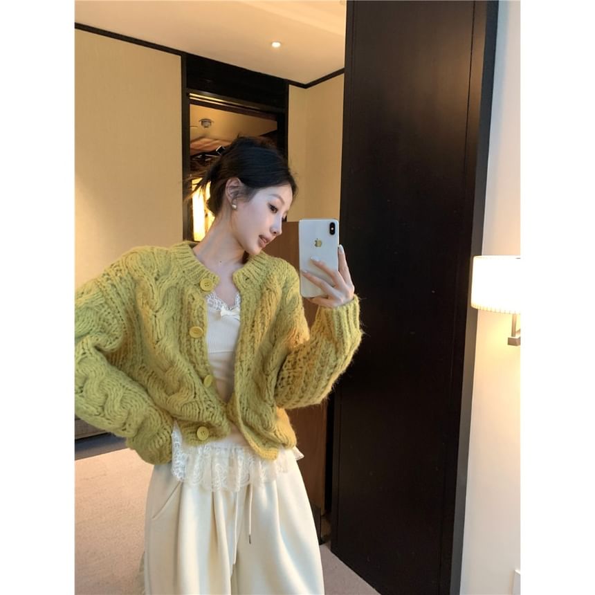Crewneck Knit Sweater, Sleeveless Lace Camisole, and High-Waist Wide-Leg Trousers