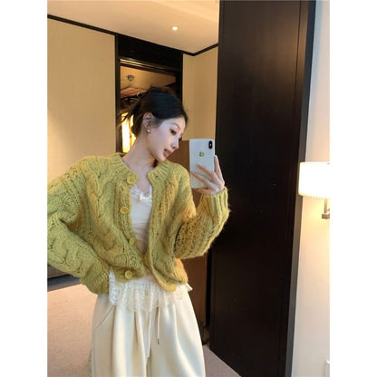 Crewneck Knit Sweater, Sleeveless Lace Camisole, and High-Waist Wide-Leg Trousers
