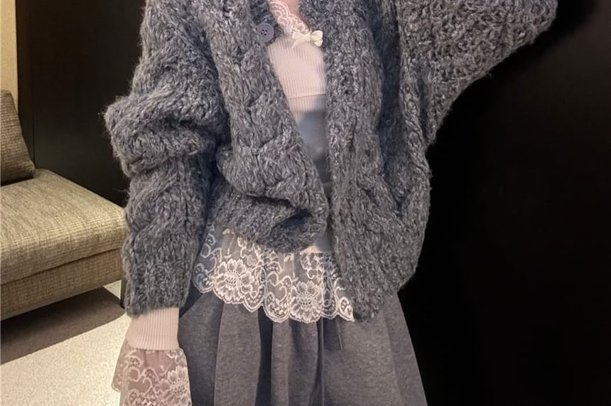 Crewneck Knit Sweater, Sleeveless Lace Camisole, and High-Waist Wide-Leg Trousers