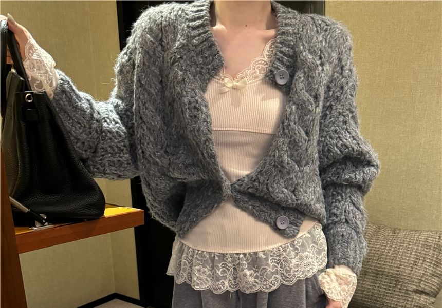 Crewneck Knit Sweater, Sleeveless Lace Camisole, and High-Waist Wide-Leg Trousers