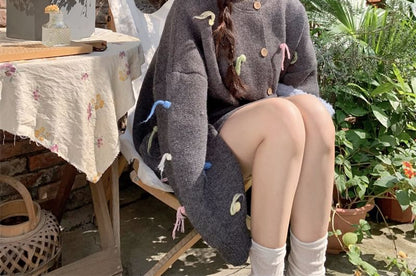 Frayed Crewneck Button-Front Cardigan