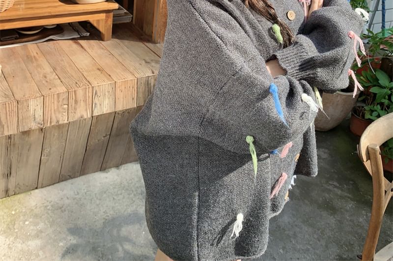 Frayed Crewneck Button-Front Cardigan