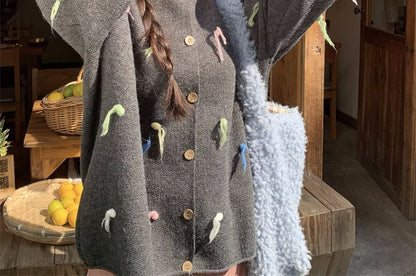 Frayed Crewneck Button-Front Cardigan