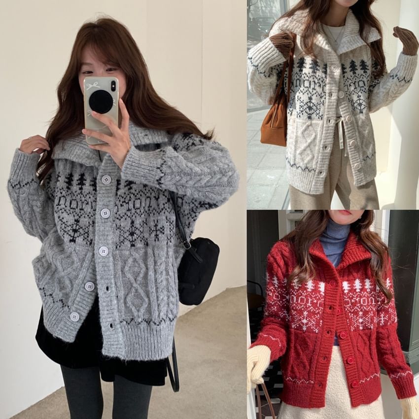 Collared Jacquard Button-Front Cardigan