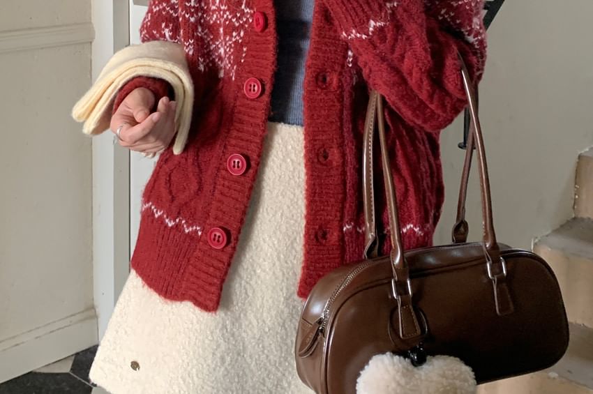 Collared Jacquard Button-Front Cardigan
