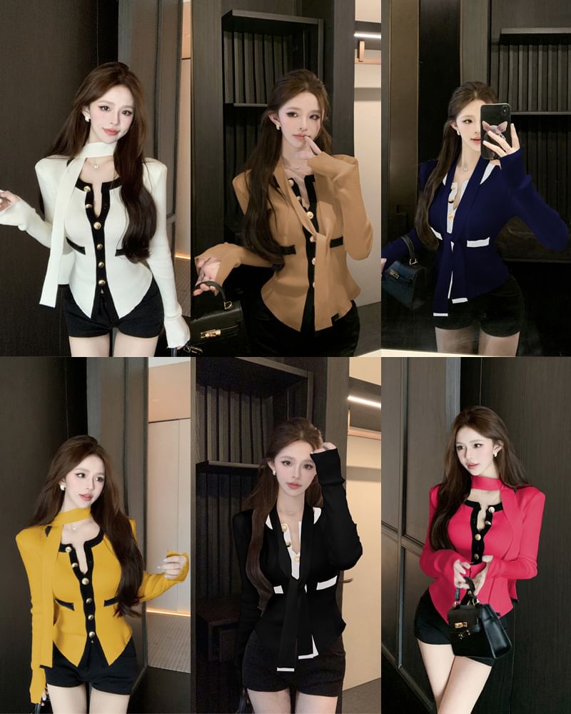 Contrast Trim Round Neck Cardigan